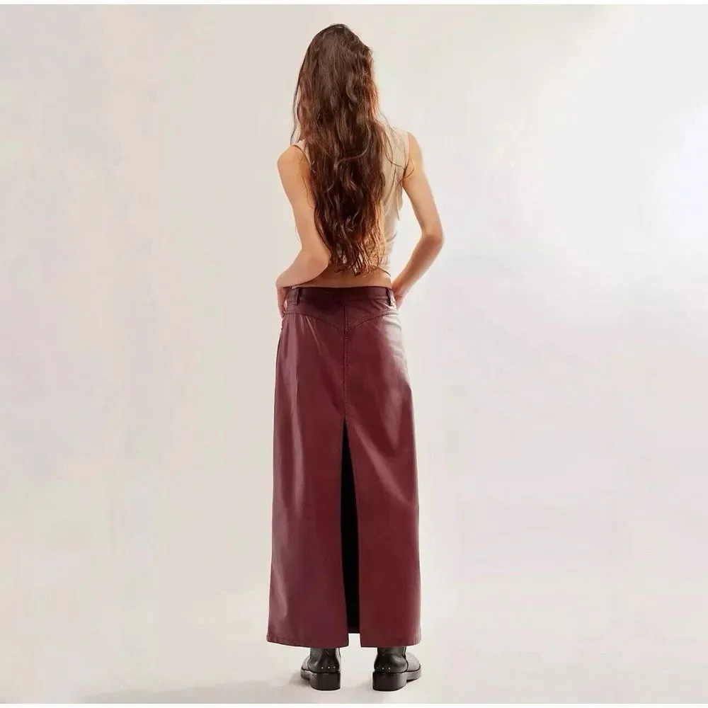 Free People Women's City Slicker Vegan‎ Leather Maxi Skirt Red Wine Size 0 NWT